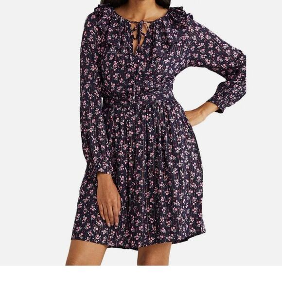 BODEN Metallic Frill Ruffle Detail Mini Fall Dress Navy Berry Sprig Floral Large - Picture 4 of 7